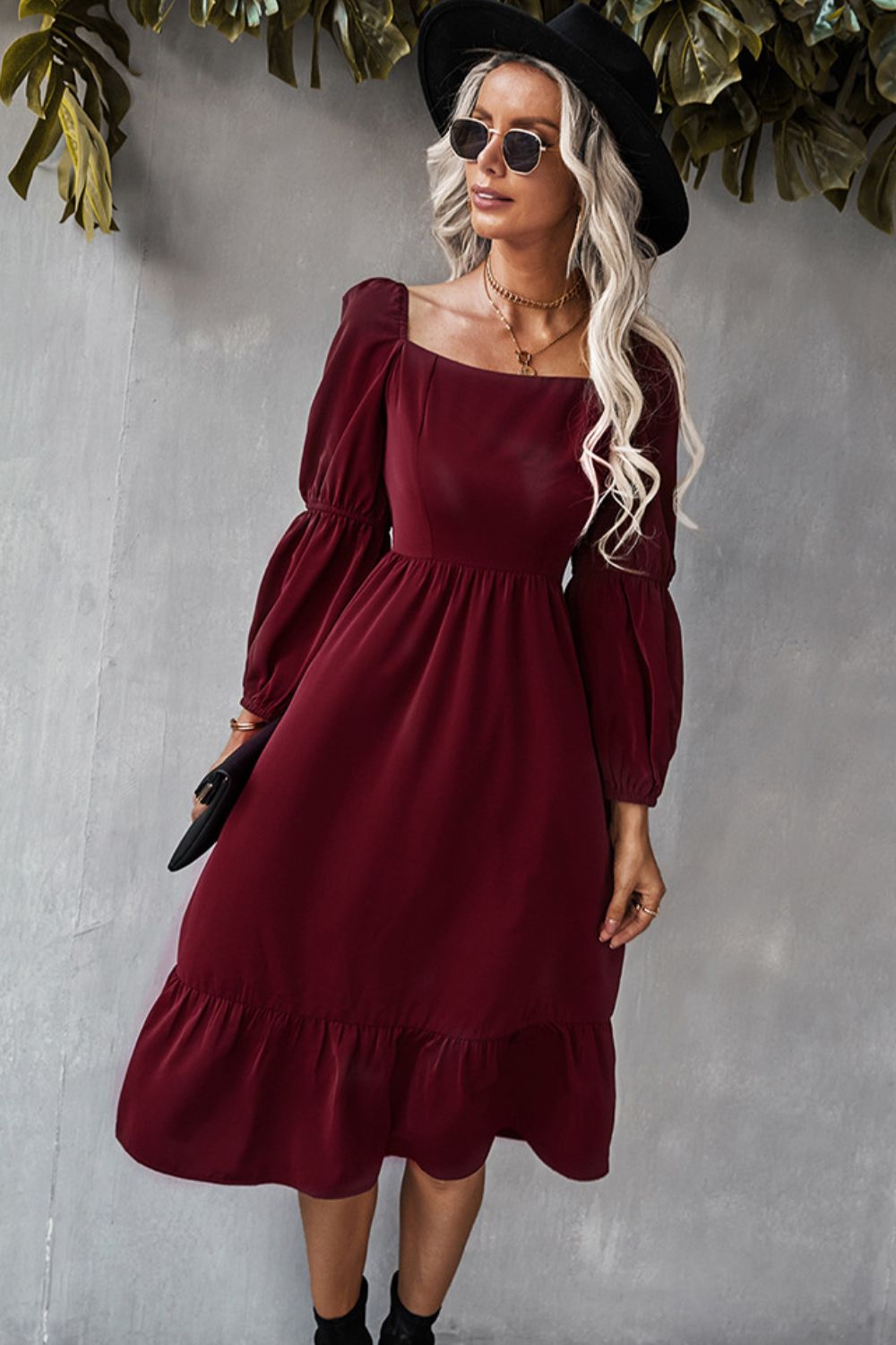 Square Neck Ruffle Hem Long Bubble Sleeve Midi Dress