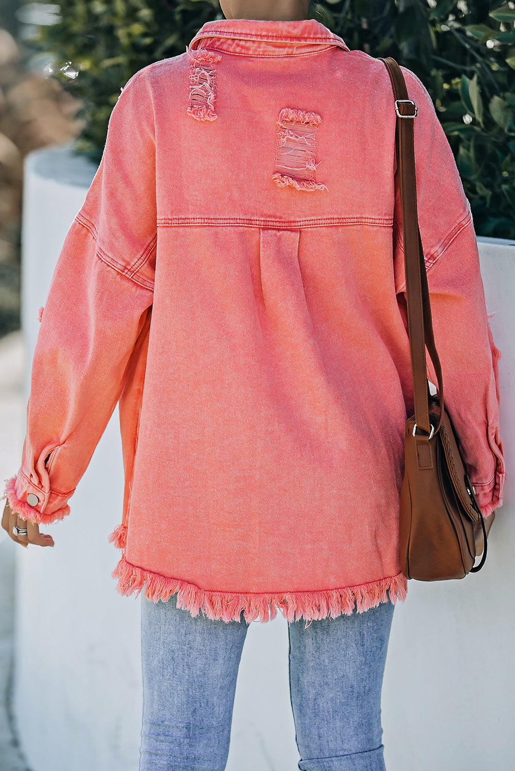 Distressed Fringe Trim Button Up Jacket