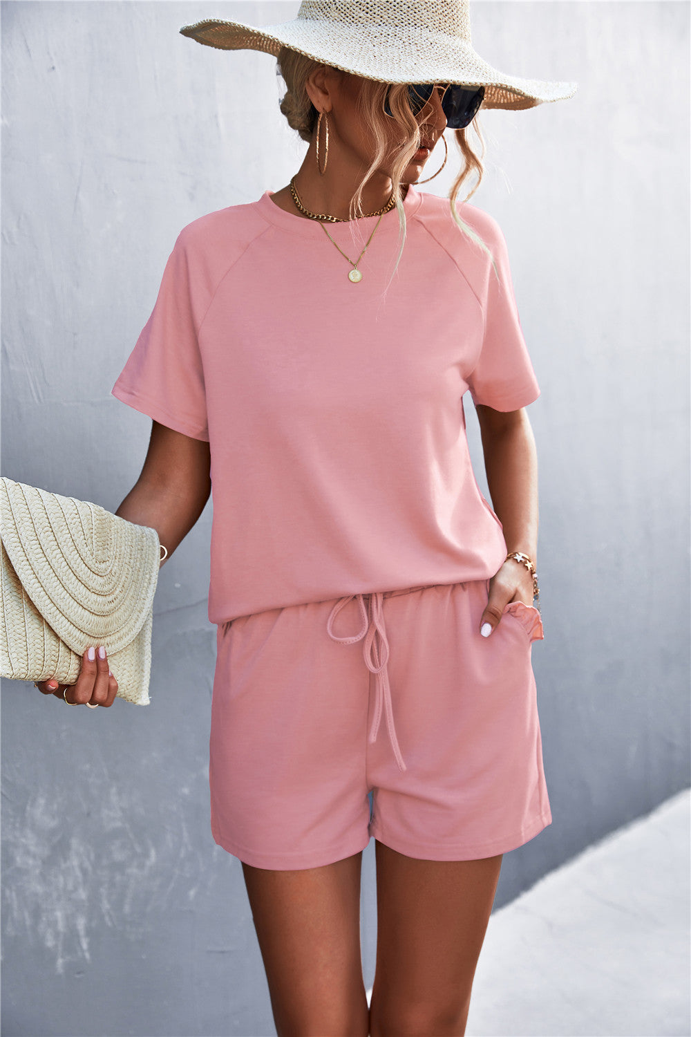 Raglan Sleeve Ruffle Hem Top and Shorts Set with Pockets