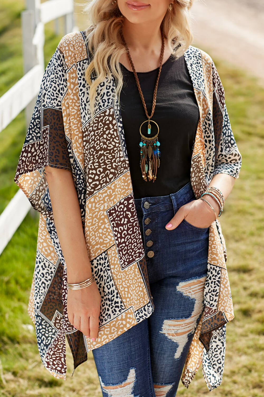 Leopard Patchwork Open Front Cardigan