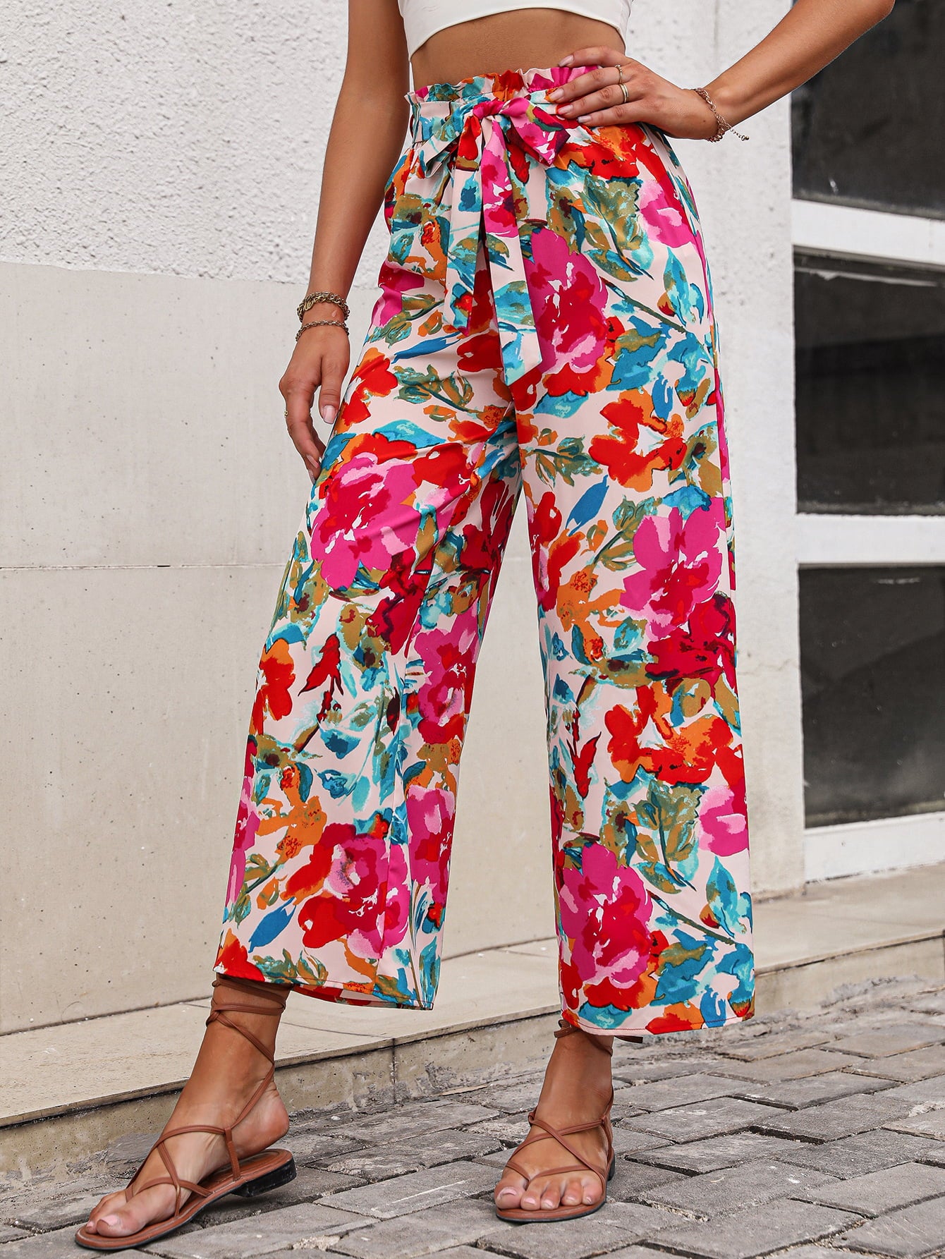 Floral Tie Belt Wide Leg Pants