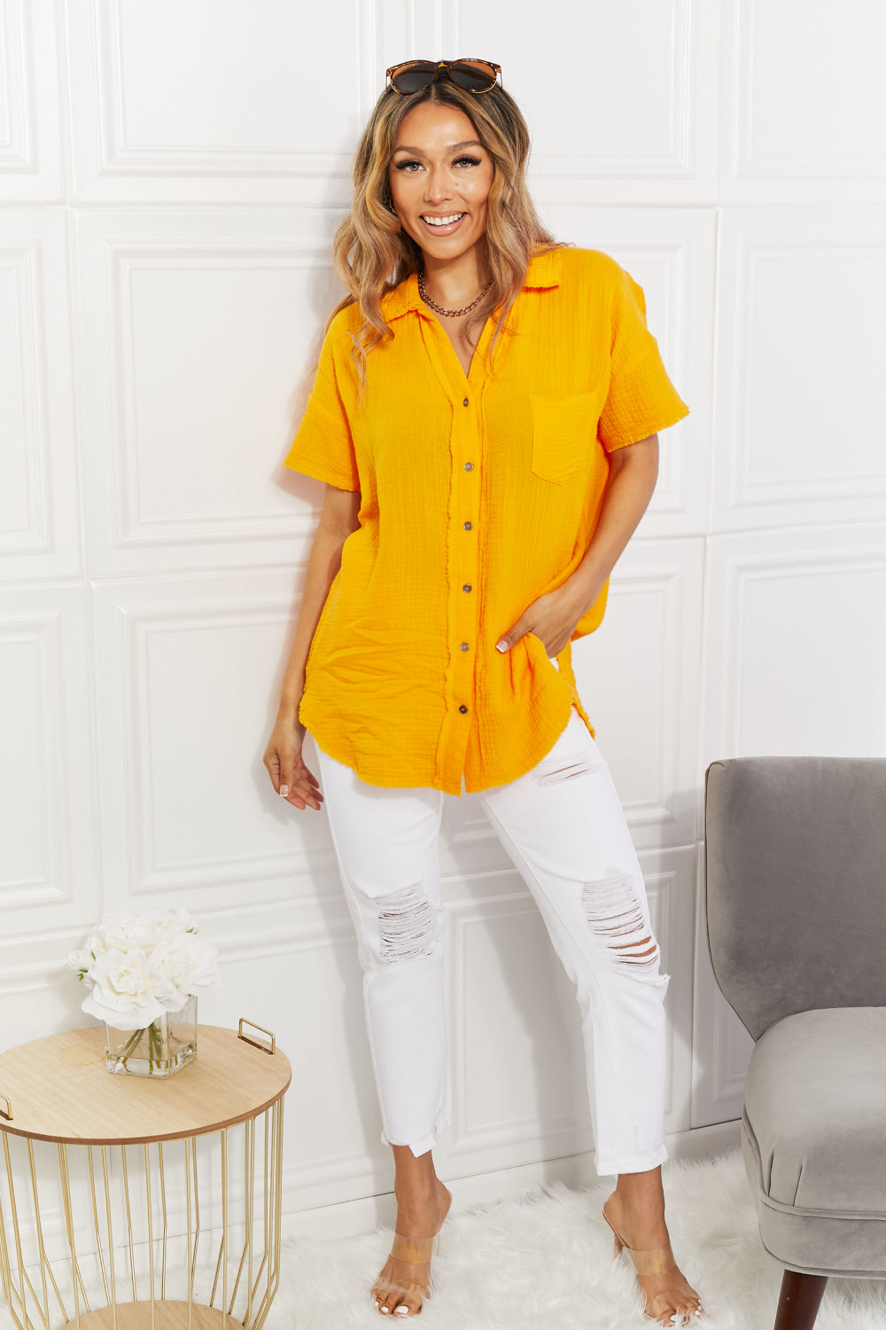 Zenana Full Size Summer Breeze Gauze Short Sleeve Shirt in Mustard