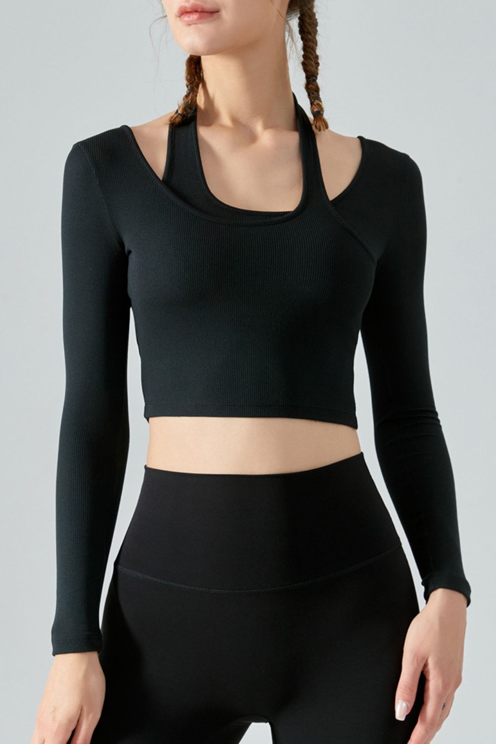 Halter Neck Long Sleeve Cropped Sports Top