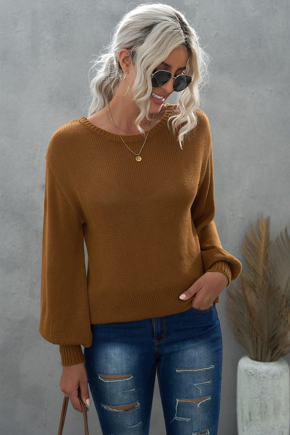 Tied Balloon Sleeve Round Neck Sweater