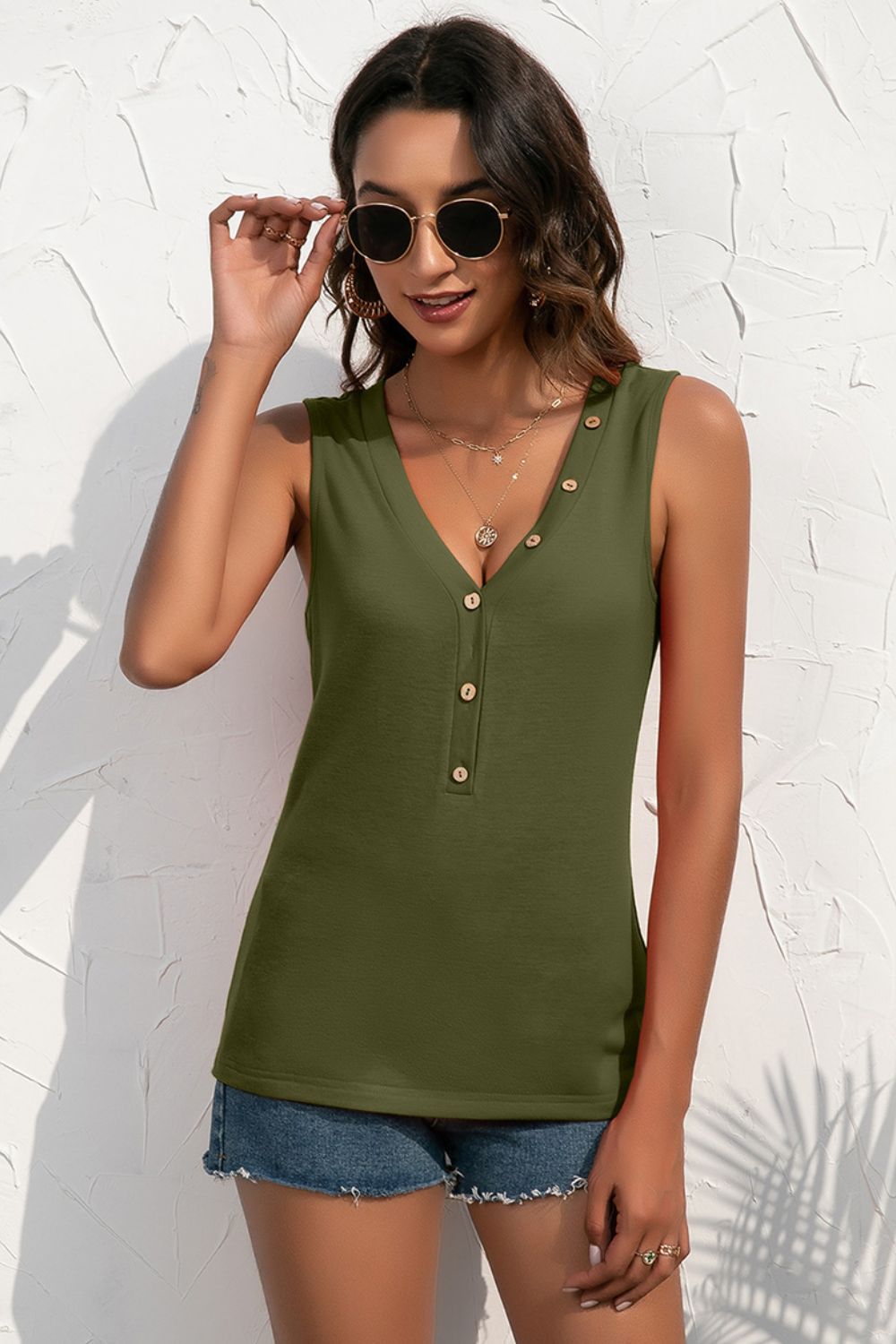 Buttoned Deep V Tank