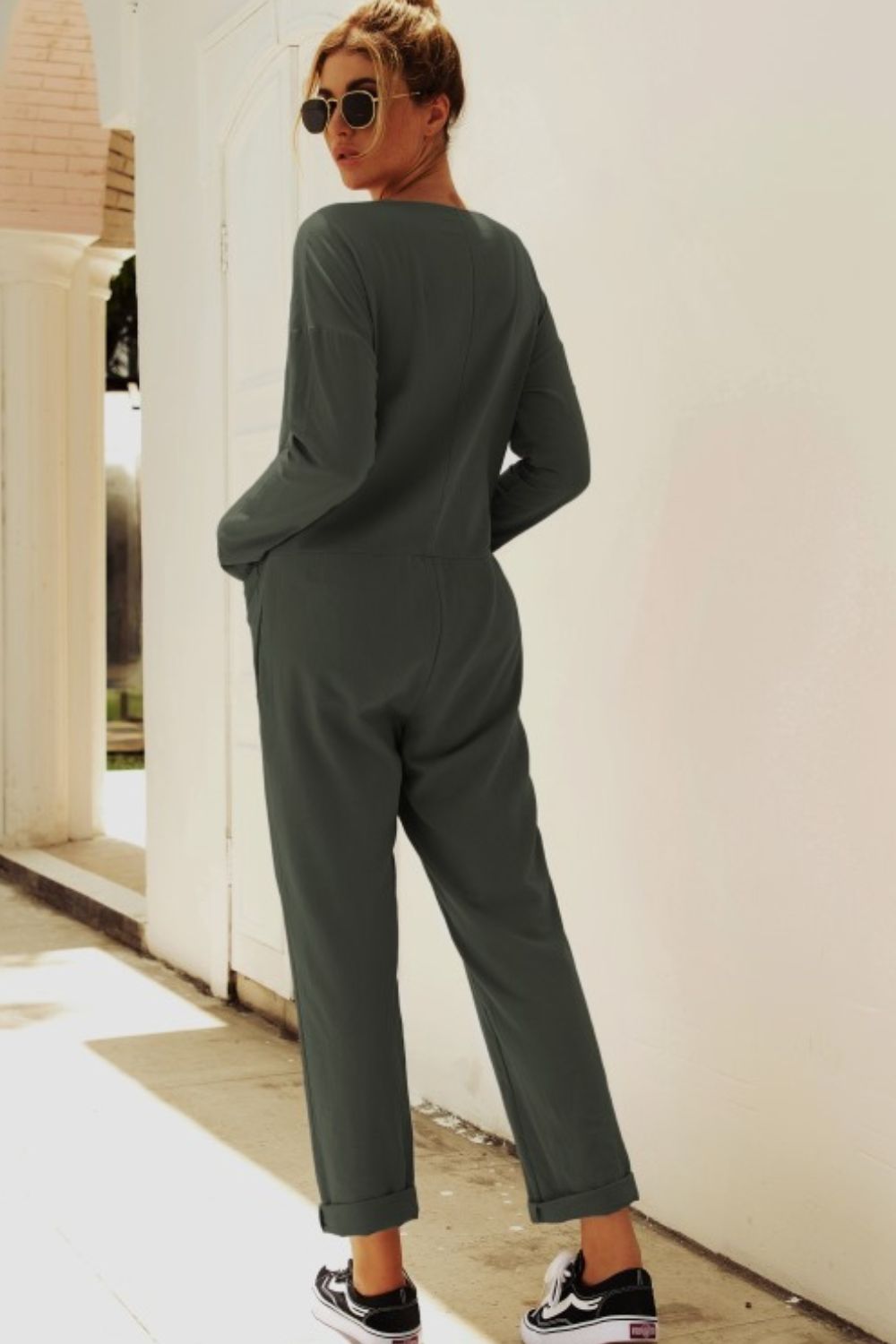 Buttoned Drop Shoulder Pocket Jumpsuit