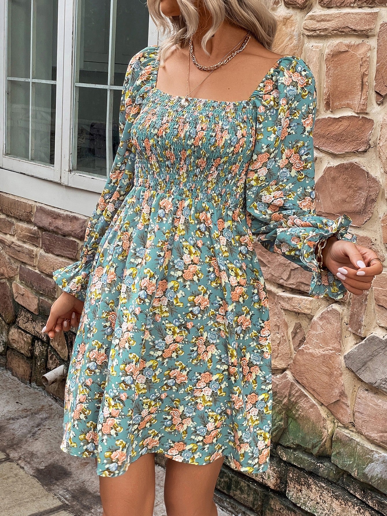 Floral Smocked Flounce Sleeve Square Neck Dress