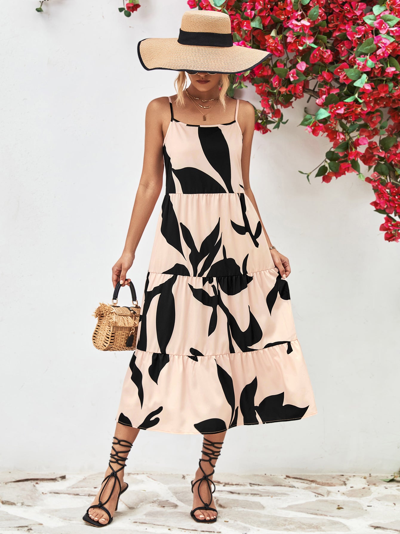 Printed Spaghetti Strap Tiered Midi Dress