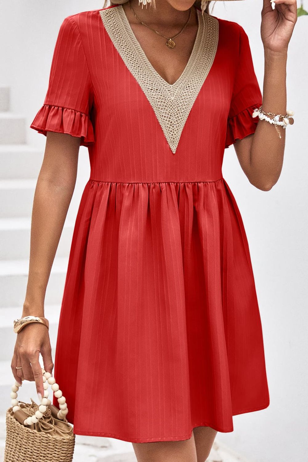 V-Neck Flounce Sleeve A-Line Dress