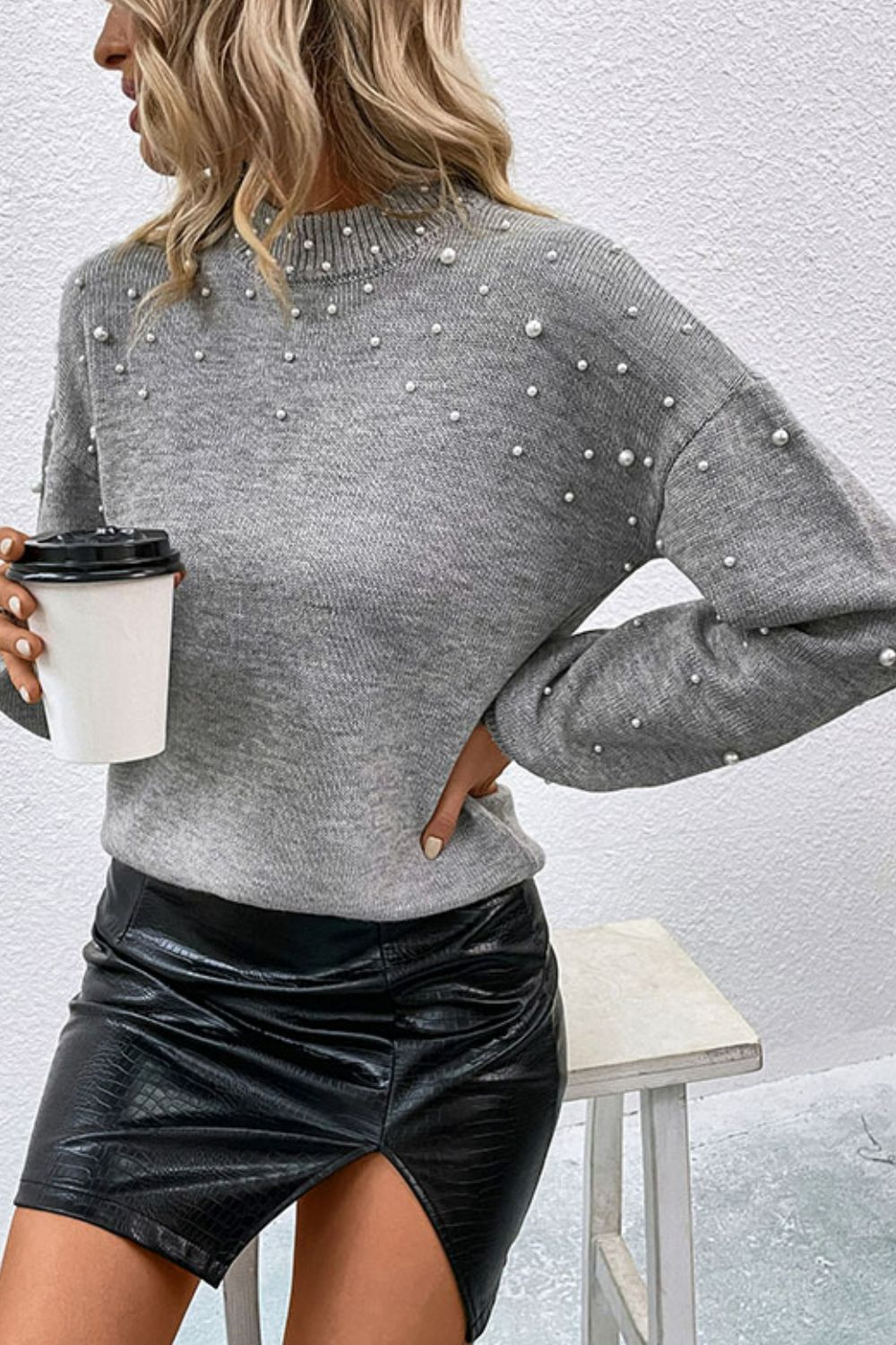 Pearl Dropped Shoulder Ribbed Trim Sweater