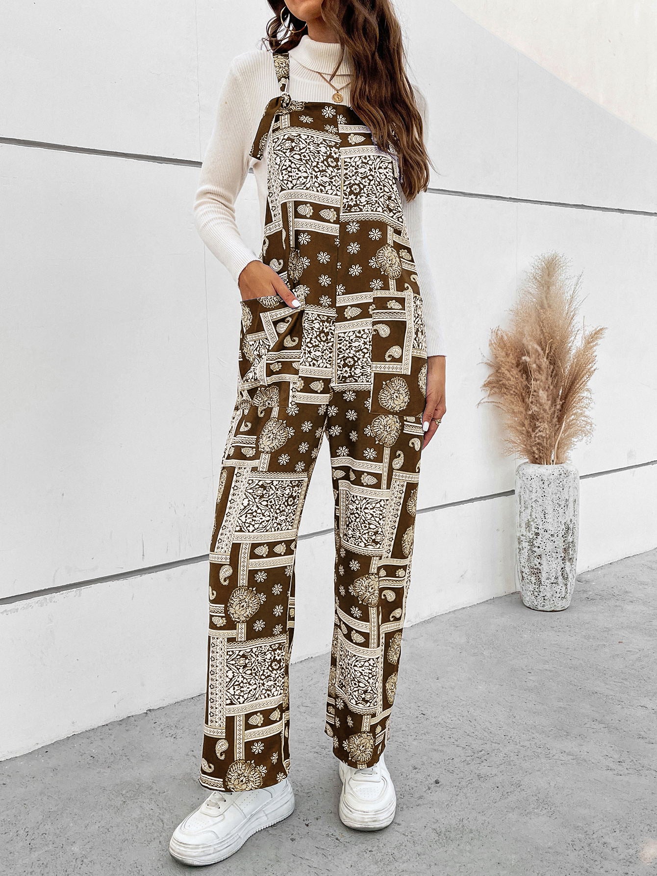 Printed Straight Leg Jumpsuit with Pockets