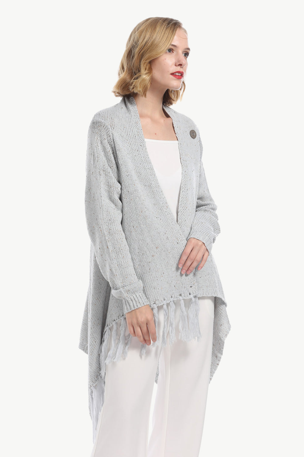 One-Button Tassel Tie Asymmetrical Hem Cardigan