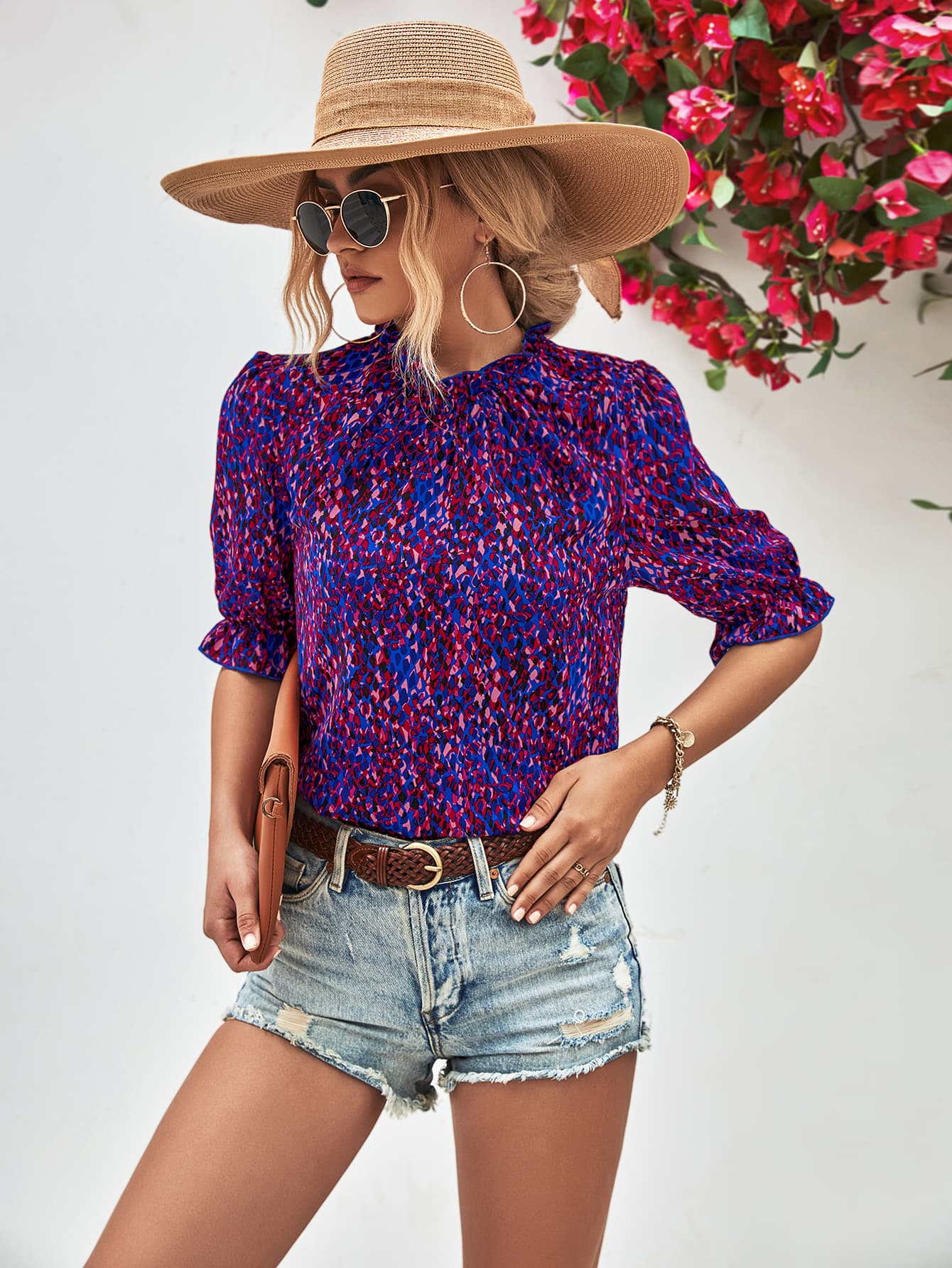 Printed Ruffle Collar Flounce Sleeve Blouse