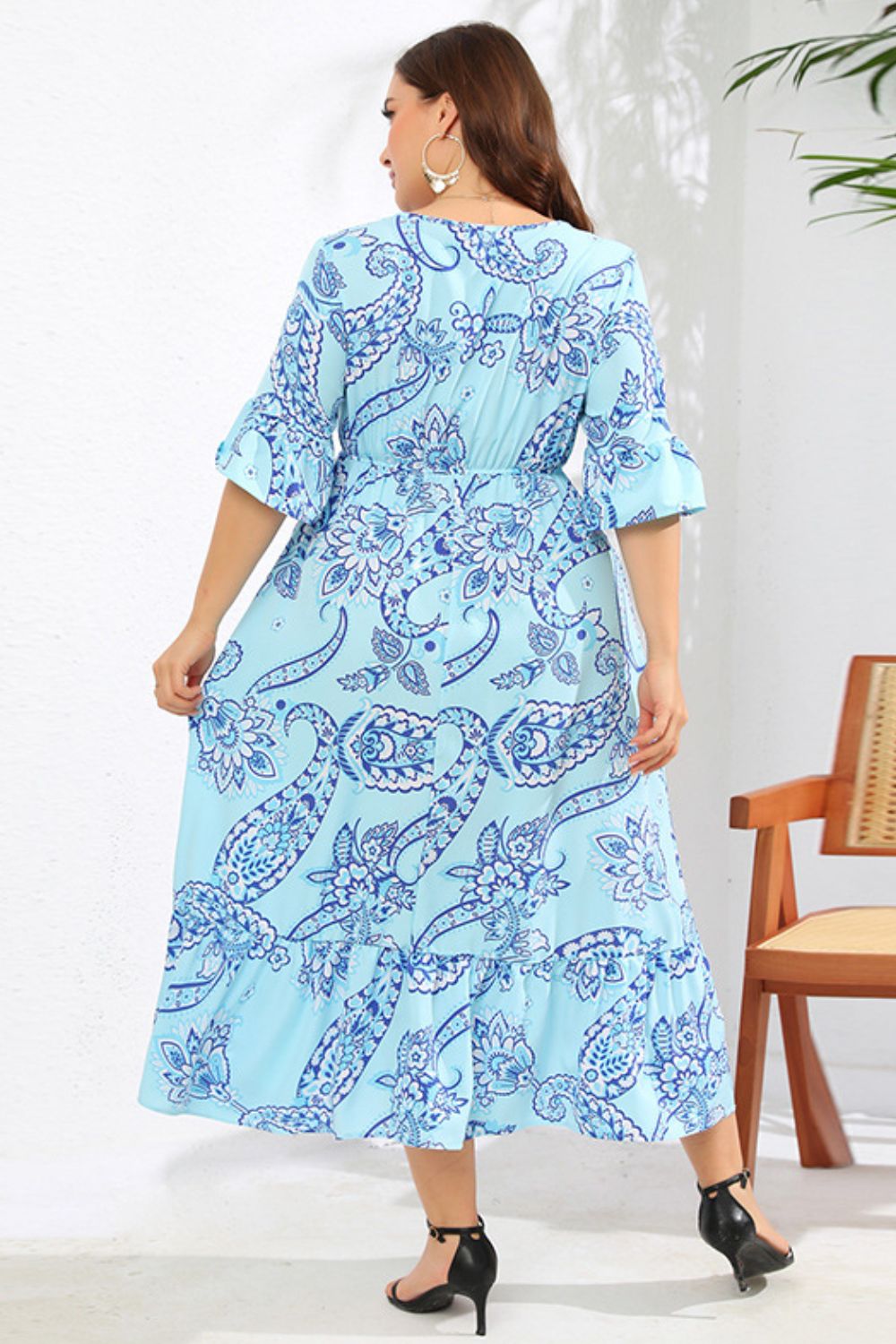 Full Size V-Neck Flounce Sleeve Midi Dress