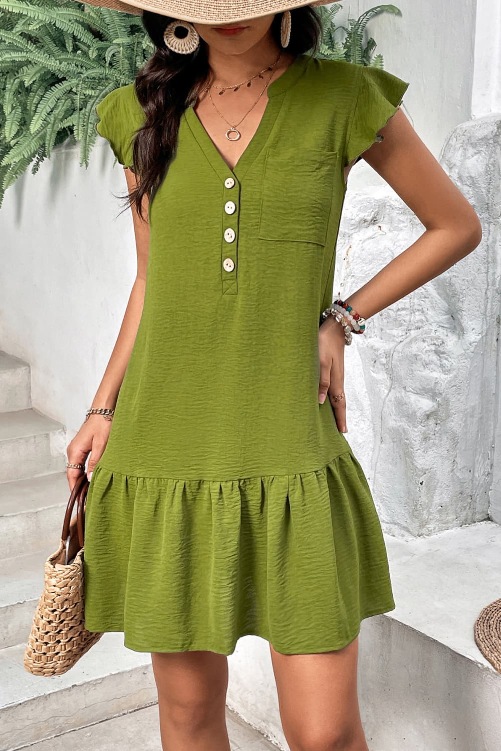 Buttoned Notched Neck Flutter Sleeve Dress