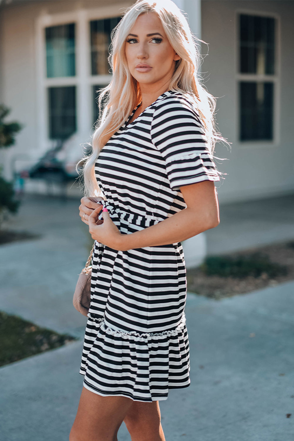 Striped Tie-Waist Frill Trim V-Neck Dress