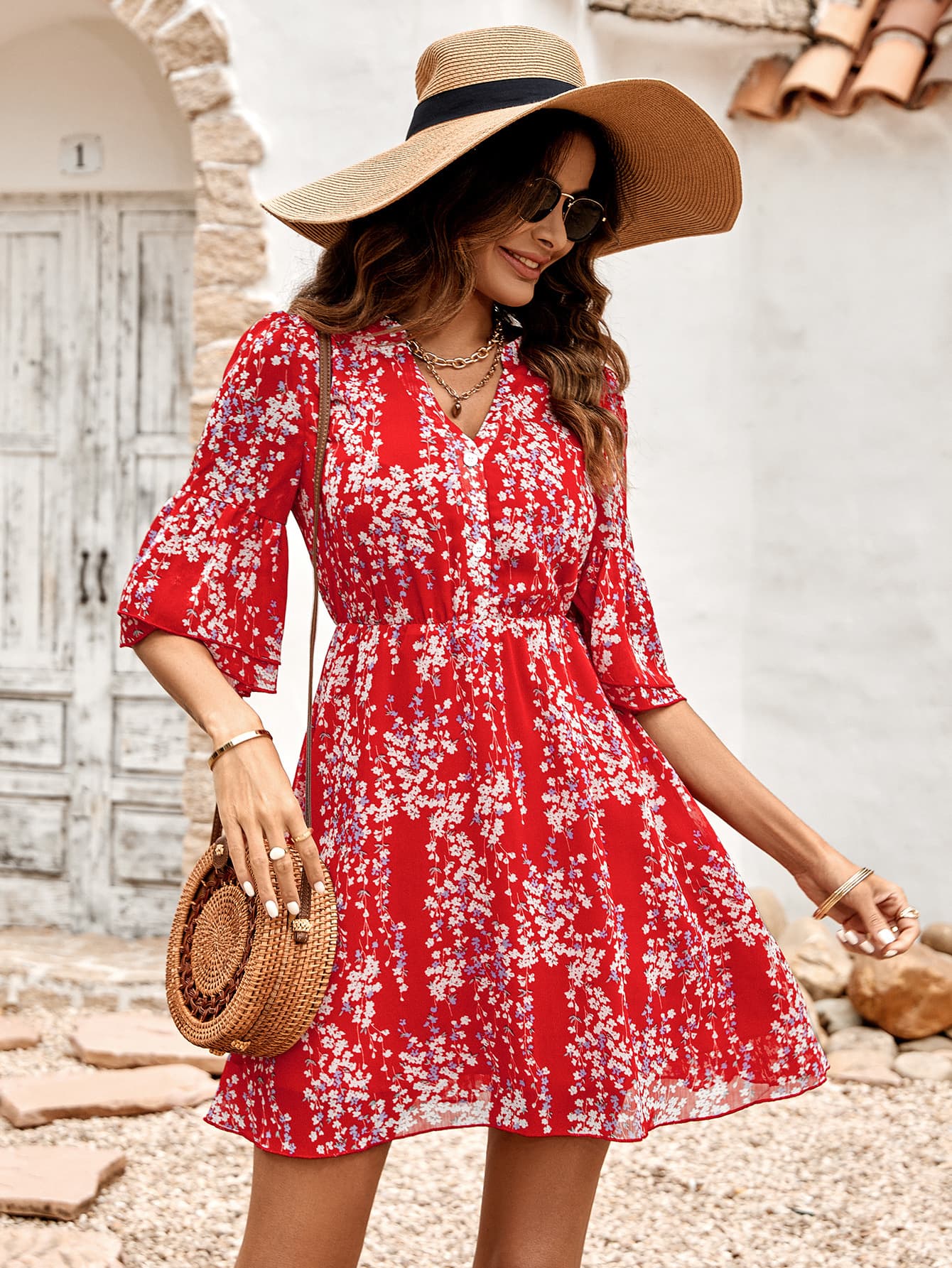 Floral Notched Neck Flounce Sleeve Dress