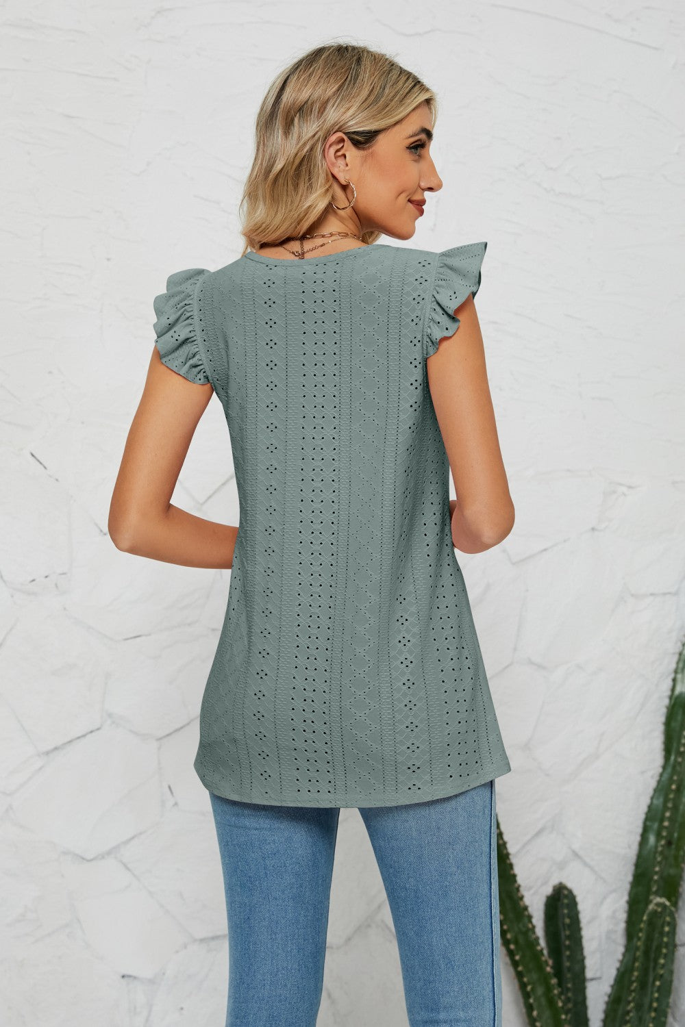 Smocked Round Neck Eyelet Top