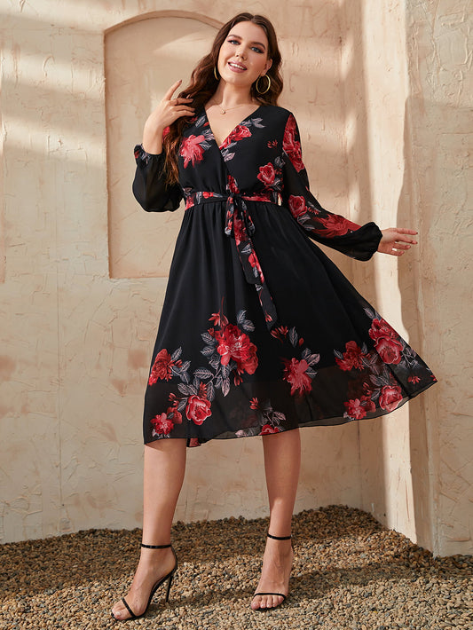 Plus Size Floral Surplice Neck Tie Waist Dress