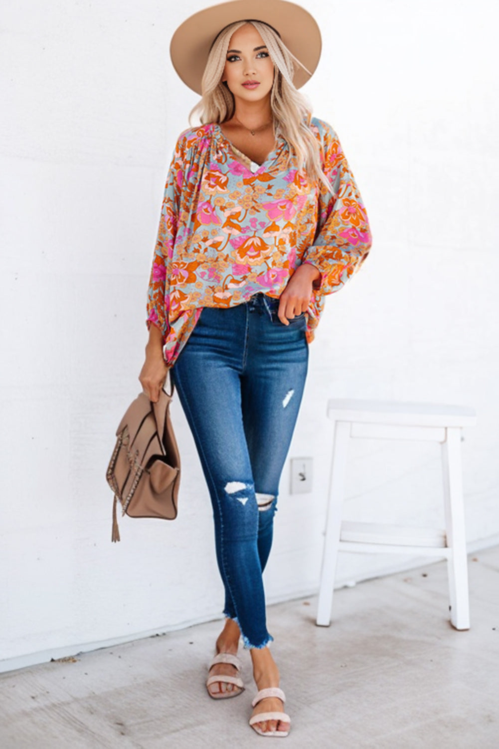 Floral Frill Trim Balloon Sleeve Blouse