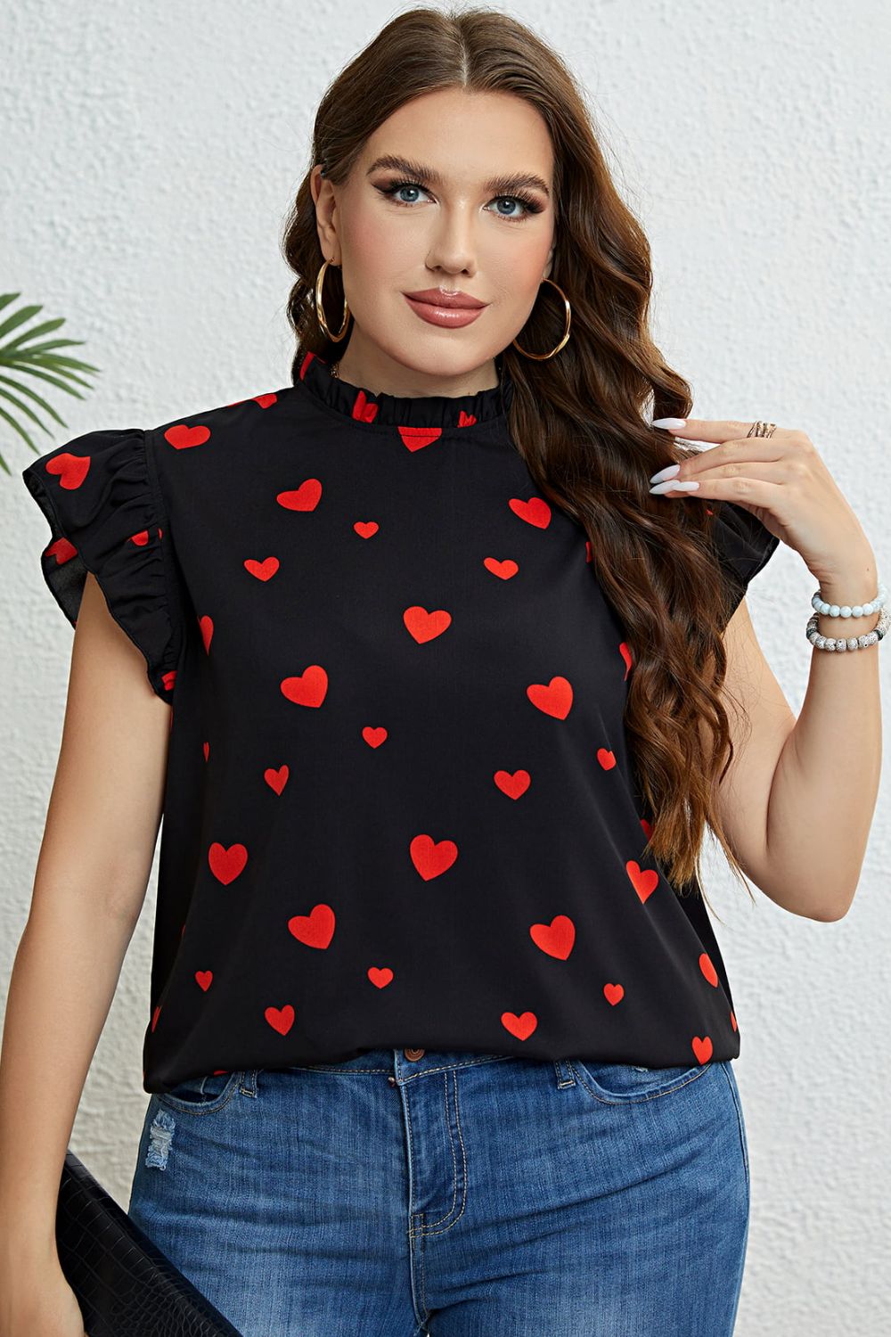 Plus Size Heart Print Butterfly Sleeve Mock Neck Top