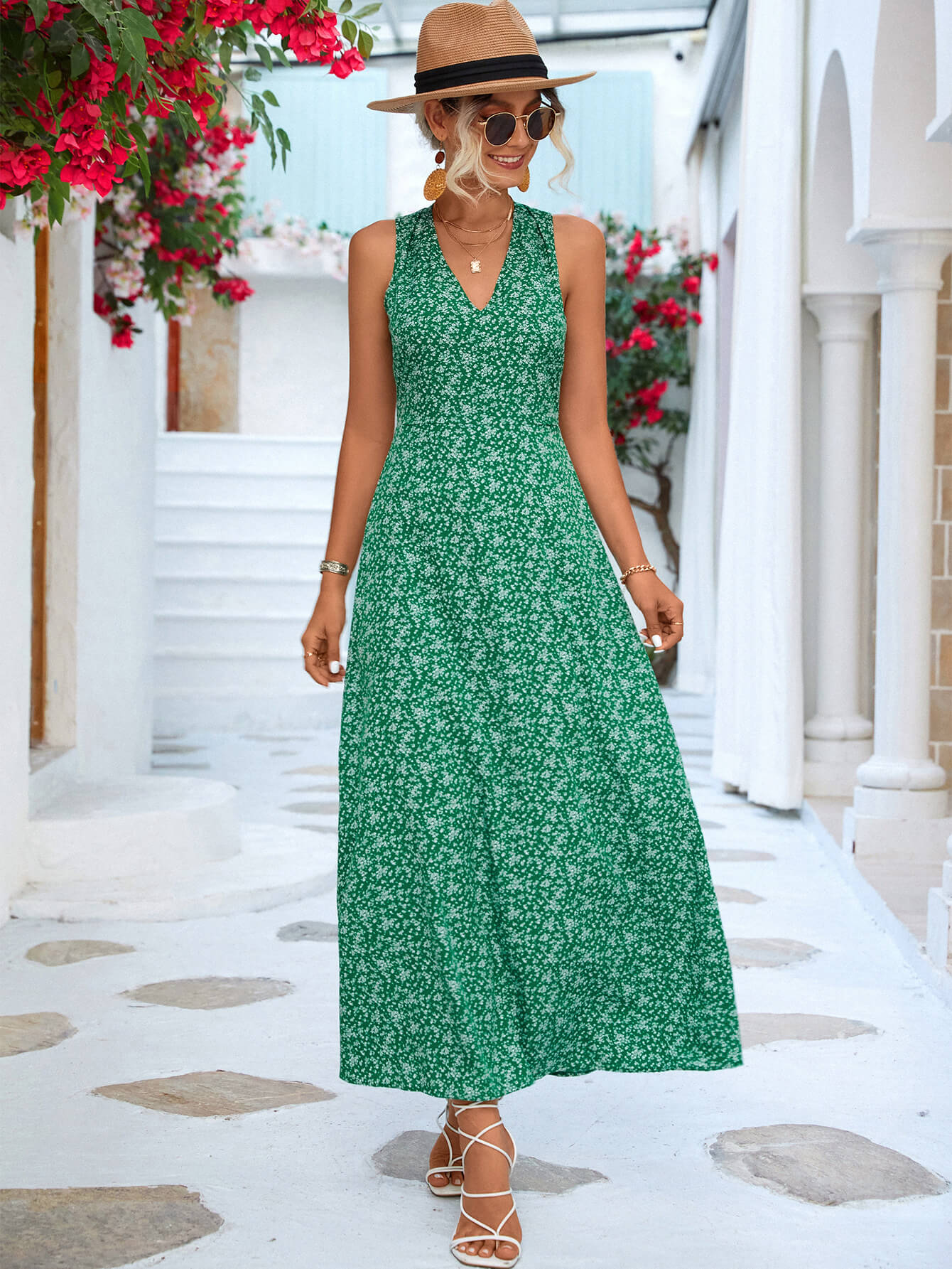 Printed Open Back Sleeveless Maxi Dress